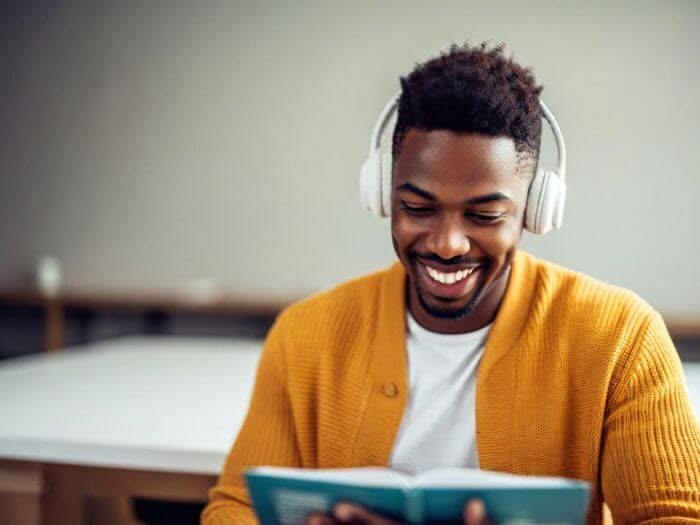 Reader listening and taking notes